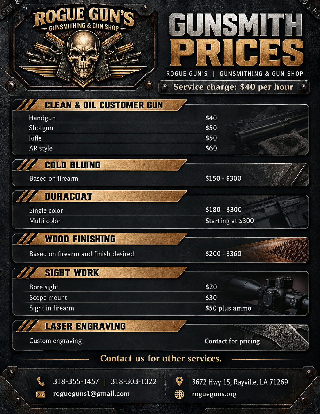 Rogue Gun's Gunsmith Price List — service rates for cleaning, cold bluing, Duracoat, wood finishing, sight work, and laser engraving